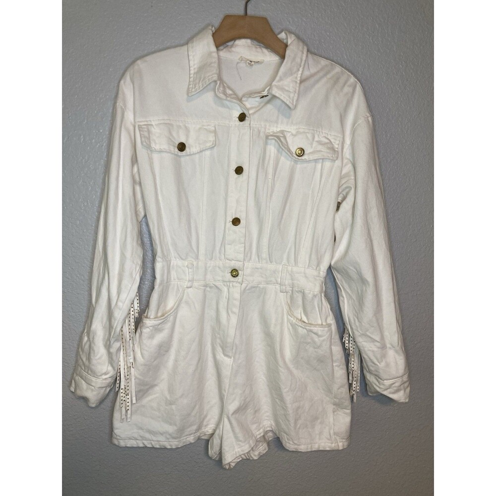Ivory Gold Studded Fringe Cowgirl Denim Short Romper Size M Off White Boho Rodeo